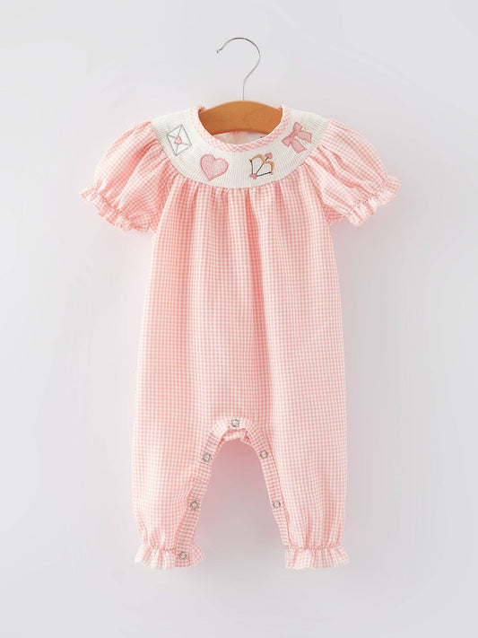 Rylee Faith Designs - Valentine's Day Letter Heart Bow Arrow Smocking Embroidery Girls Romper