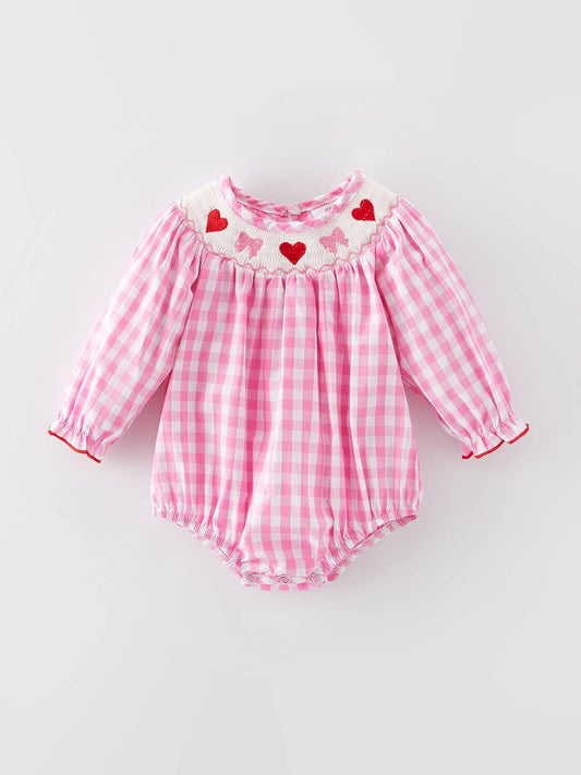 Rylee Faith Designs - Valentine's Day Heart Bow Smocking Embroidered Pink Romper