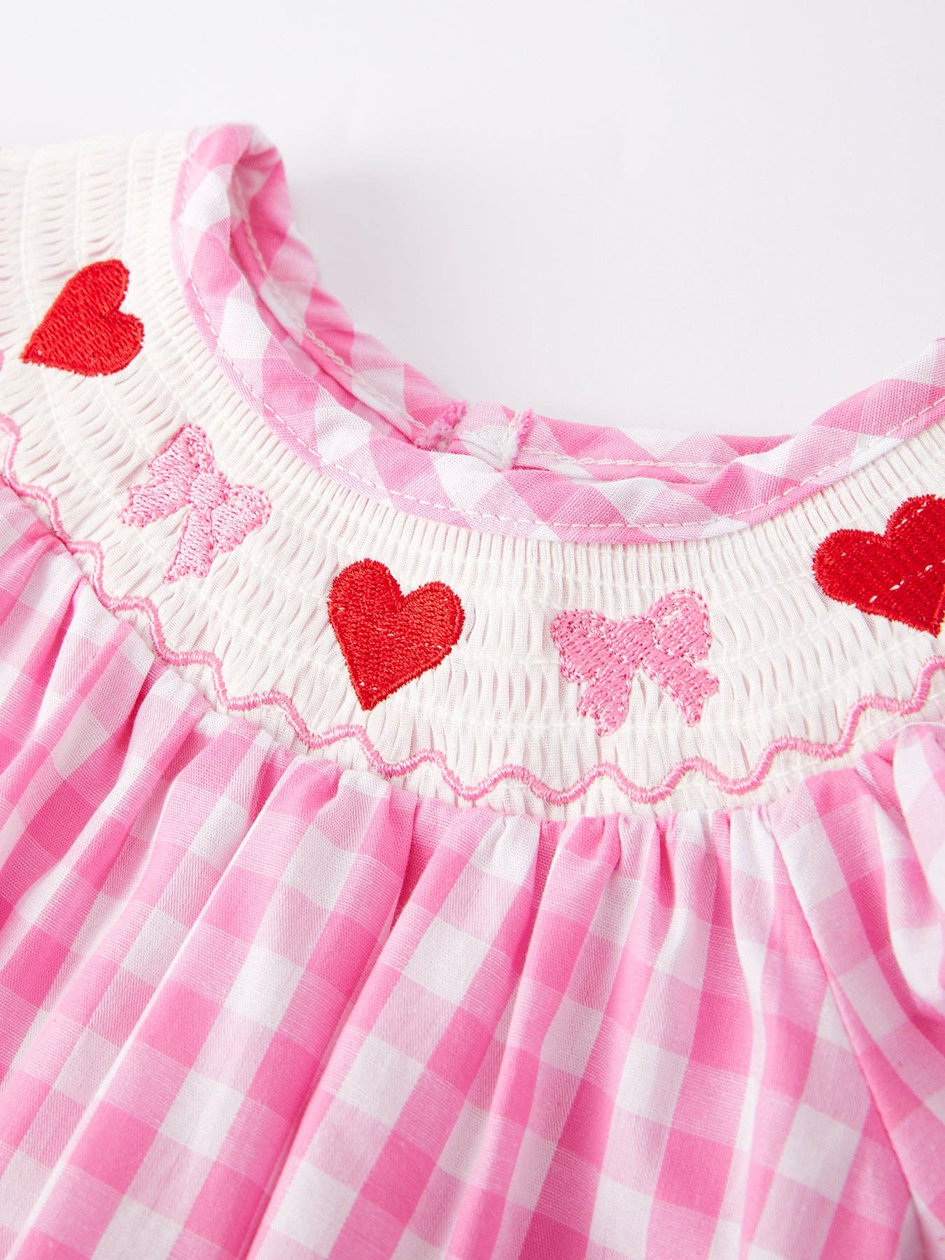 Rylee Faith Designs - Valentine's Day Heart Bow Smocking Embroidered Pink Romper