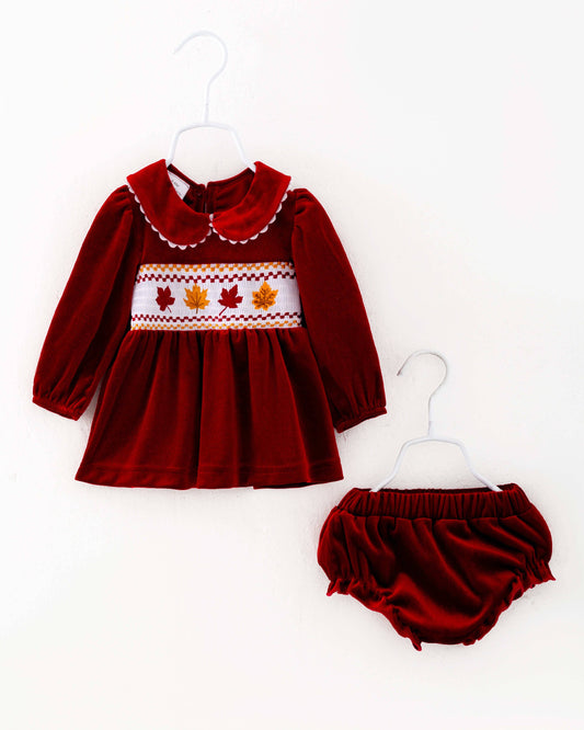 Red Velvet Fall Leaves Dress with Bloomers